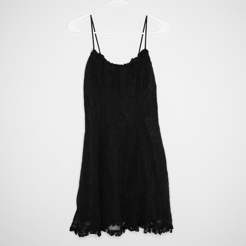 Vintage Satin Black Dress by ZUM ZUM Party Semi Formal Wear Crochet Flower hem